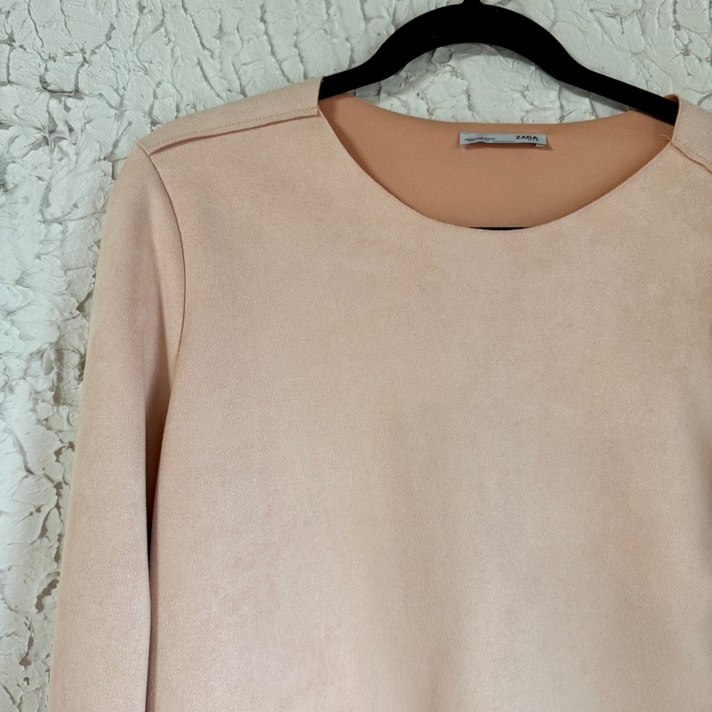 Zara Blush Pink Faux Suede Top with Gray Faux Fur Cuffs - Picture 3 of 9